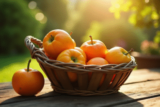 Fruits frais récoltés dans un panier en bois rustique sur une table ensoleillée