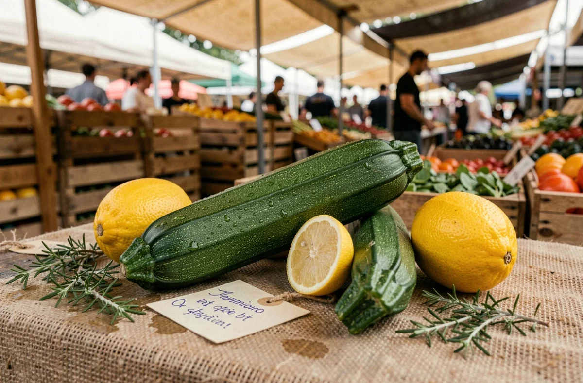 Légumes en Z comme la courgette et le zeste de citron disposés sur une table de marché en bois rustique avec des herbes fraîches