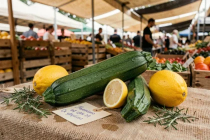 Légumes en Z comme la courgette et le zeste de citron disposés sur une table de marché en bois rustique avec des herbes fraîches