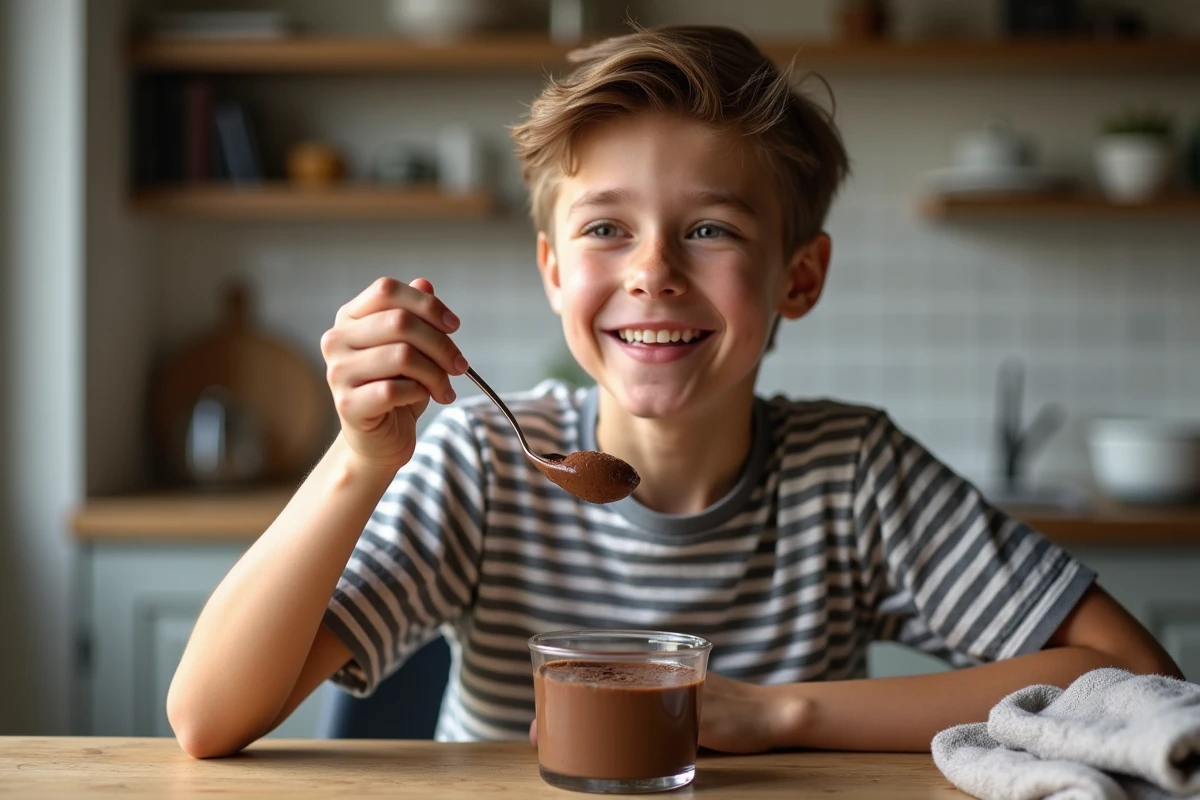 Garçon dégustant crème chocolat dans cuisine chaleureuse