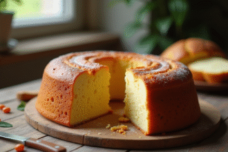Gâteau basque frais tranché sur une table en bois rustique
