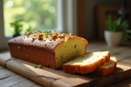 Gâteau de courgette et chèvre tranché sur table rustique