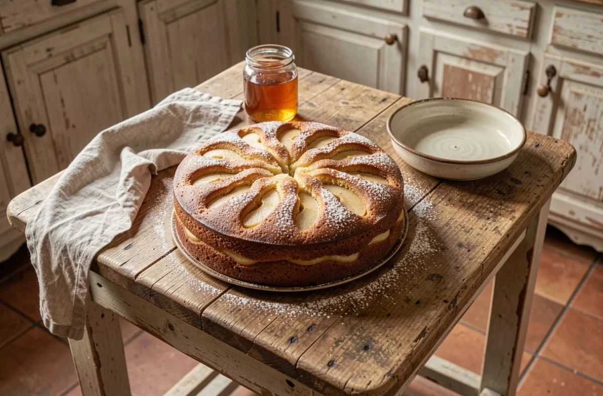 Gâteau poire grand-mère posé sur une table en bois rustique dans une cuisine campagnarde française, avec des tranches de poires caramélisées et du sucre glace