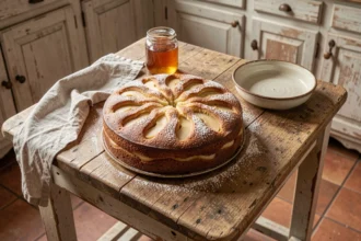 Gâteau poire grand-mère posé sur une table en bois rustique dans une cuisine campagnarde française, avec des tranches de poires caramélisées et du sucre glace