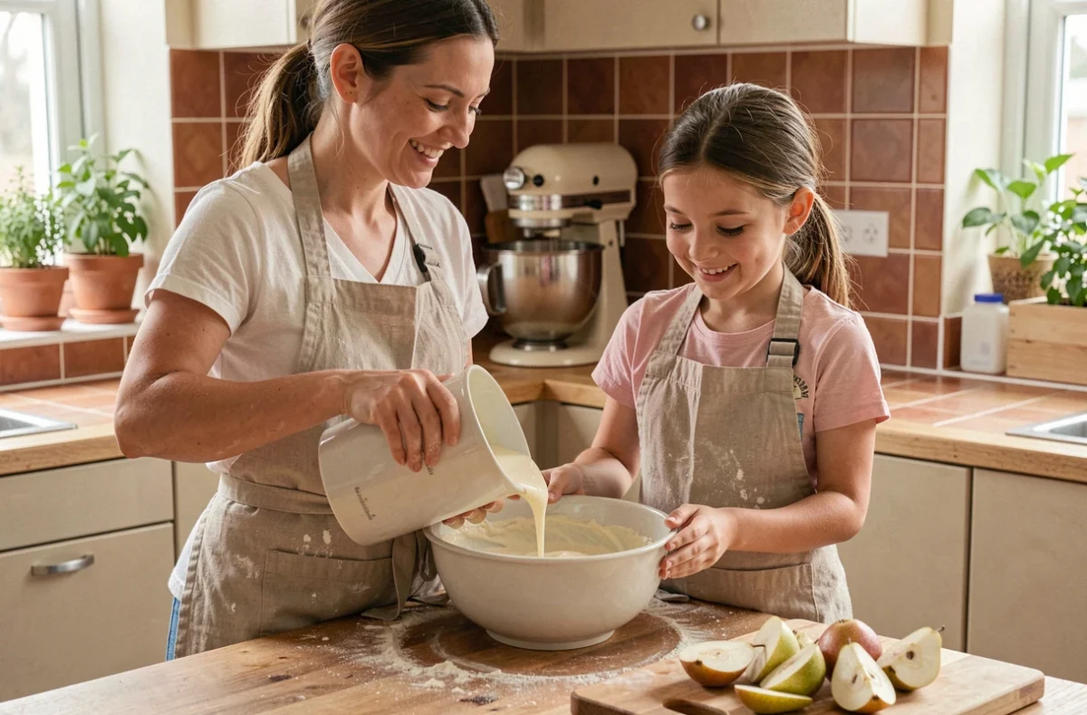 Maman et petite fille préparant ensemble un gâteau poire yaourt dans une cuisine chaleureuse