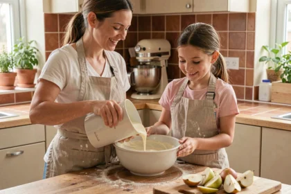 Maman et petite fille préparant ensemble un gâteau poire yaourt dans une cuisine chaleureuse