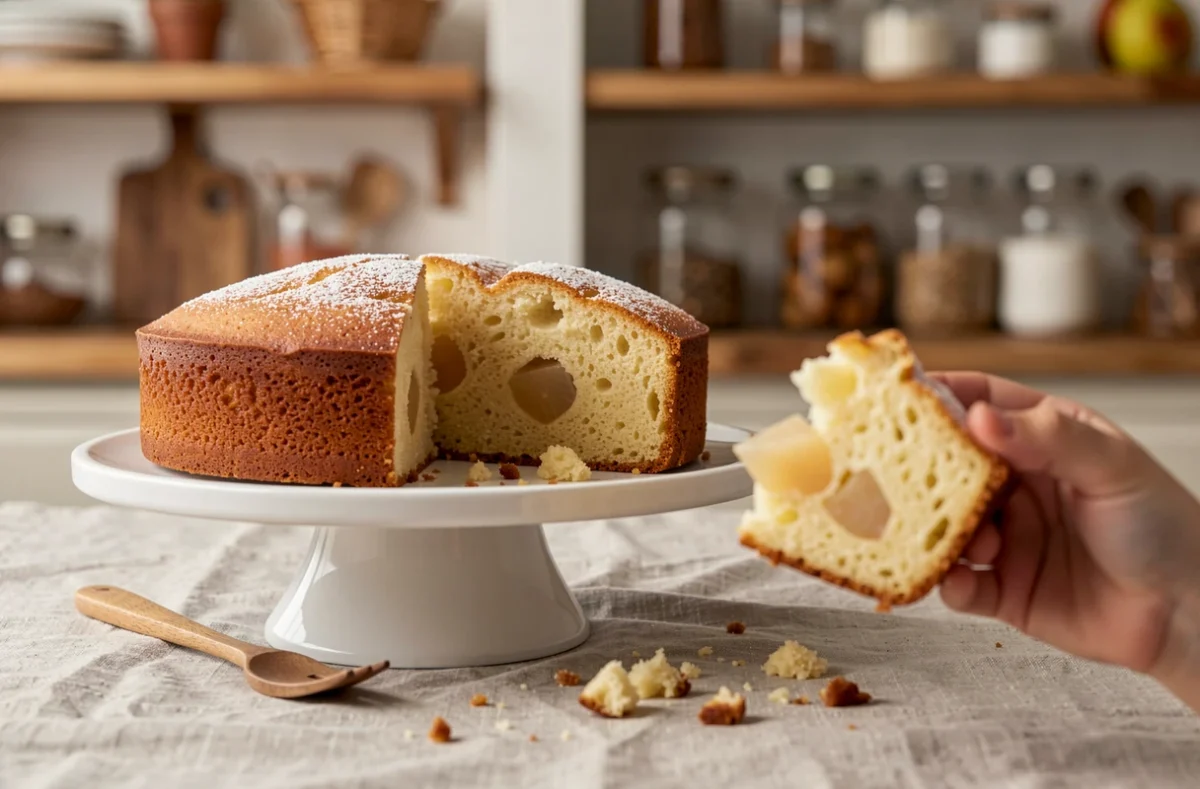 Gâteau poire yaourt doré tranché sur un présentoir blanc avec main d'enfant