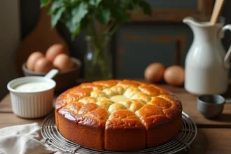 Gâteau au yaourt moelleux fait maison refroidissant sur une grille en cuisine rustique avec yaourt et œufs
