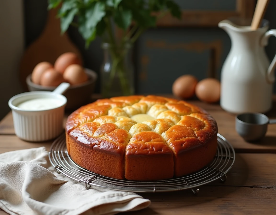 Gâteau au yaourt moelleux fait maison refroidissant sur une grille en cuisine rustique avec yaourt et œufs