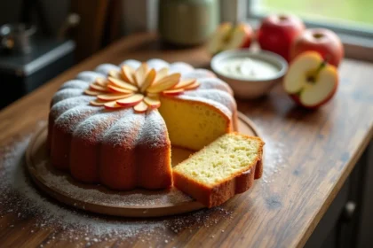 Gâteau au yaourt et aux pommes façon Cyril Lignac posé sur une table en bois rustique avec des pommes fraîches et un bol de yaourt