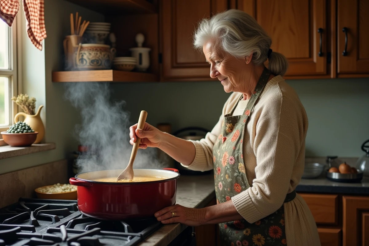 Grand-mère en tablier floral remuant une grande casserole de soupe vermicelle au poulet sur une cuisinière de ferme, ambiance cuisine traditionnelle et chaleureuse