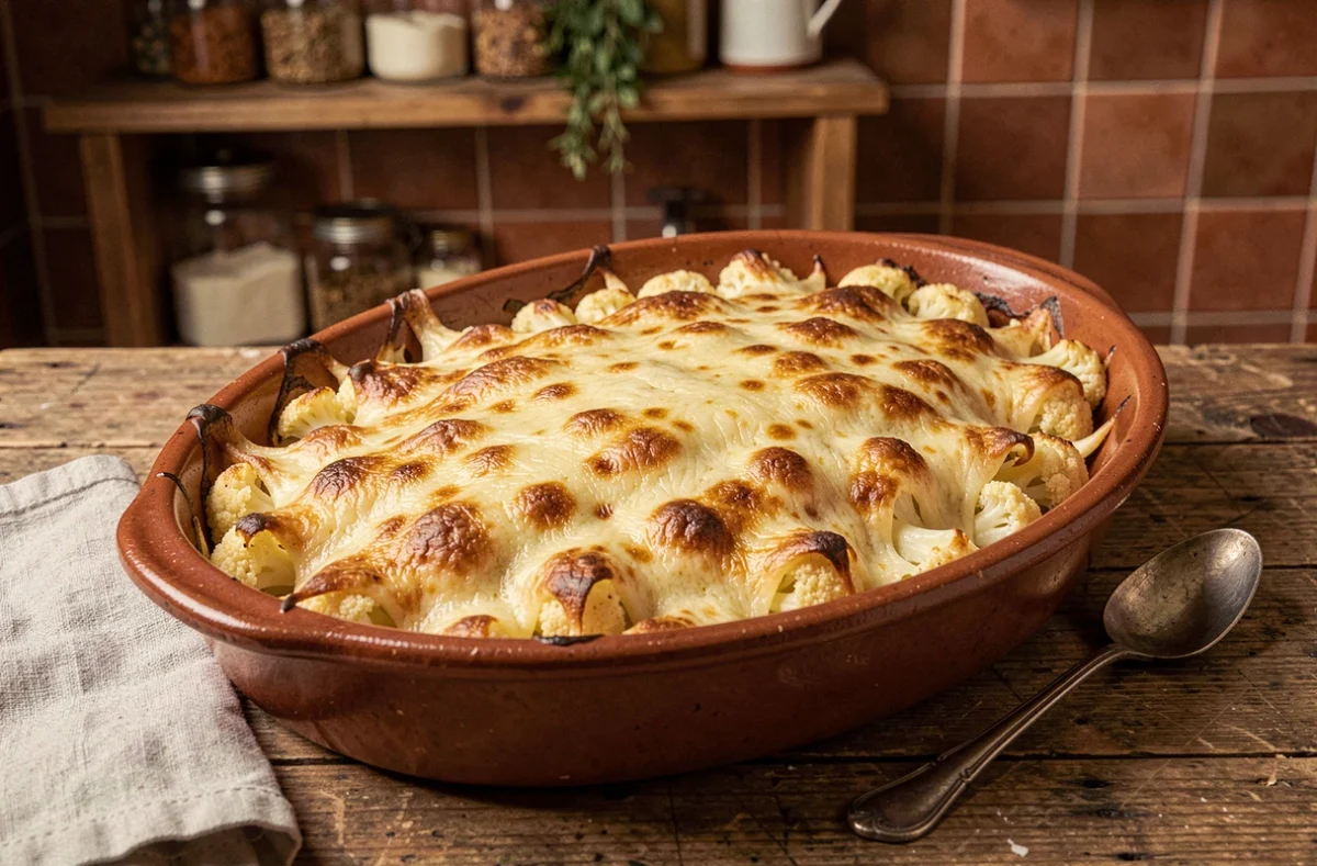 Gratin de chou-fleur et pommes de terre doré au four dans un plat en céramique rustique sur une table en bois