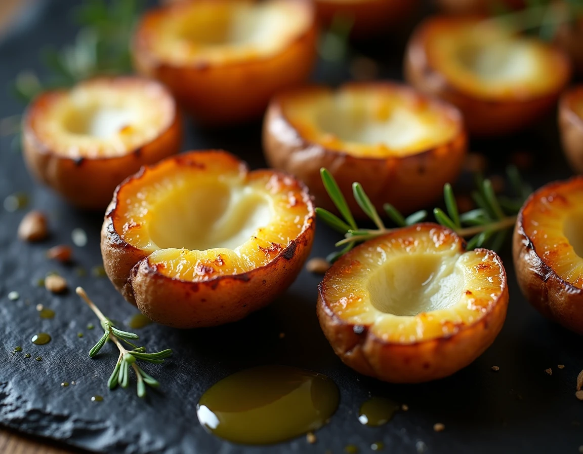 Gros plan sur des pommes de terre rôties au four à l'huile d'olive sur une plaque ardoise noire, croûte caramélisée dorée et chair fondante visible