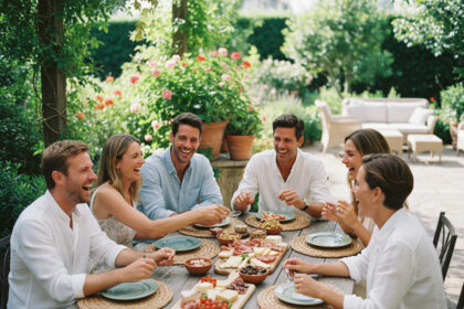 Groupe d'adultes souriants partageant des amuse-bouches en extérieur
