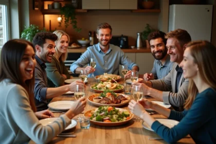 Groupe d'amis souriants partageant un repas convivial à la maison
