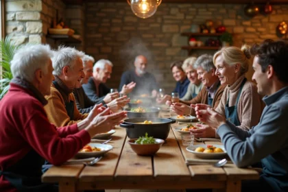 Groupe d'adultes autour d'une table rustique en cuisine chaleureuse