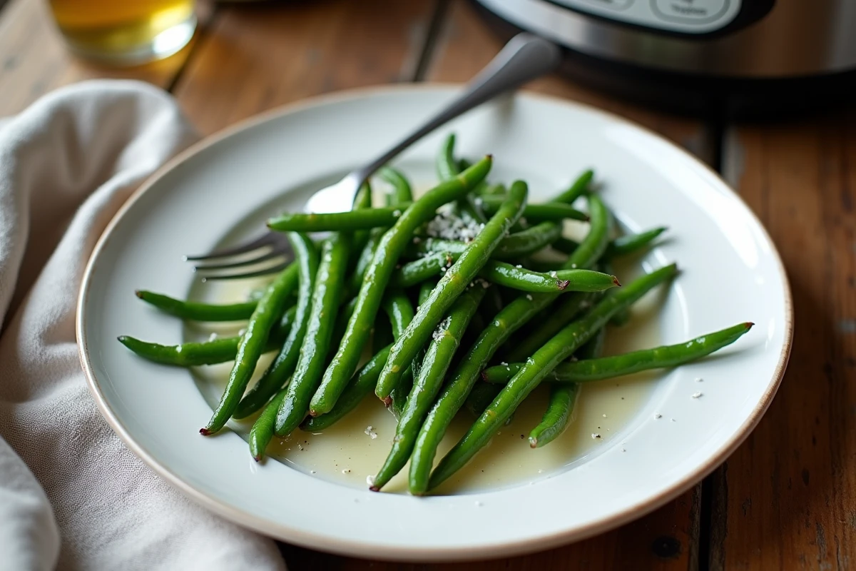 Assiette de haricots verts cuits à la cocotte minute assaisonnés à l'huile d'olive et fleur de sel