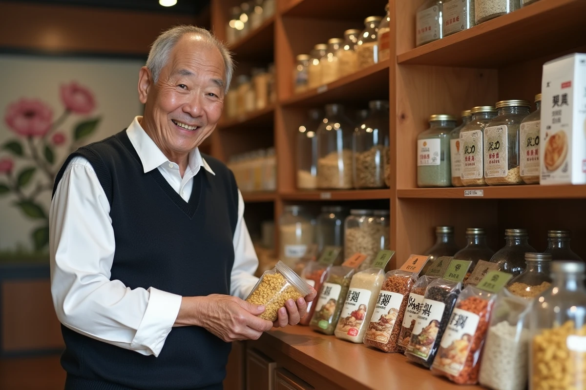 Homme japonais âgé dans une boutique de produits Tsubaki