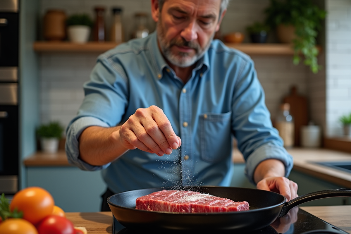 Homme en chemise en denim assaisonnant un bifteck cru dans la cuisine
