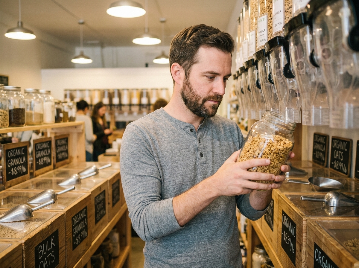 Homme tenant un bocal en verre dans un magasin de vrac bio pour acheter des céréales en libre-service sans emballage