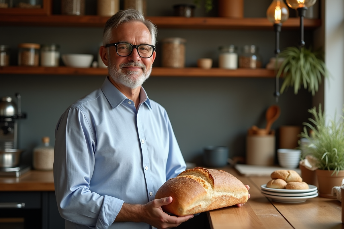 Homme dans une boulangerie artisanale avec pain keto