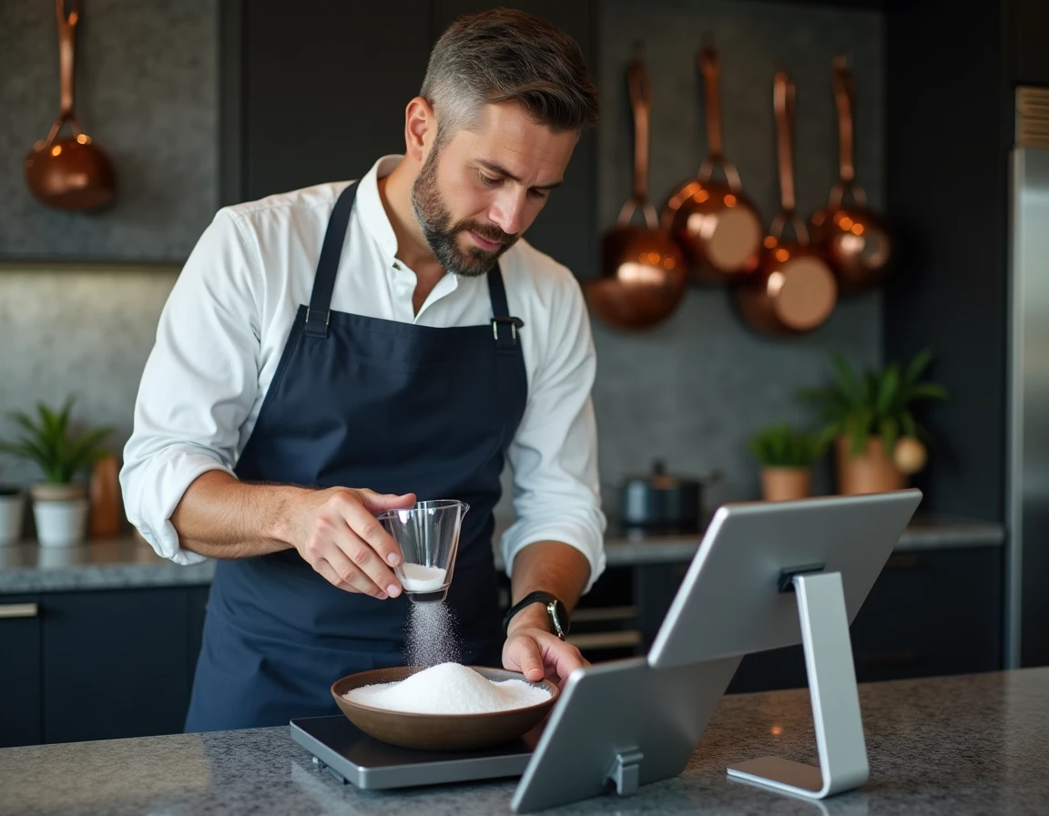 Homme versant du sucre d'une cup dans une balance numérique affichant les grammes en cuisine