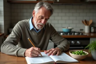 Homme d'âge moyen remplissant un mots croisés avec dictionnaire