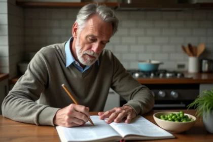 Homme d'âge moyen remplissant un mots croisés avec dictionnaire