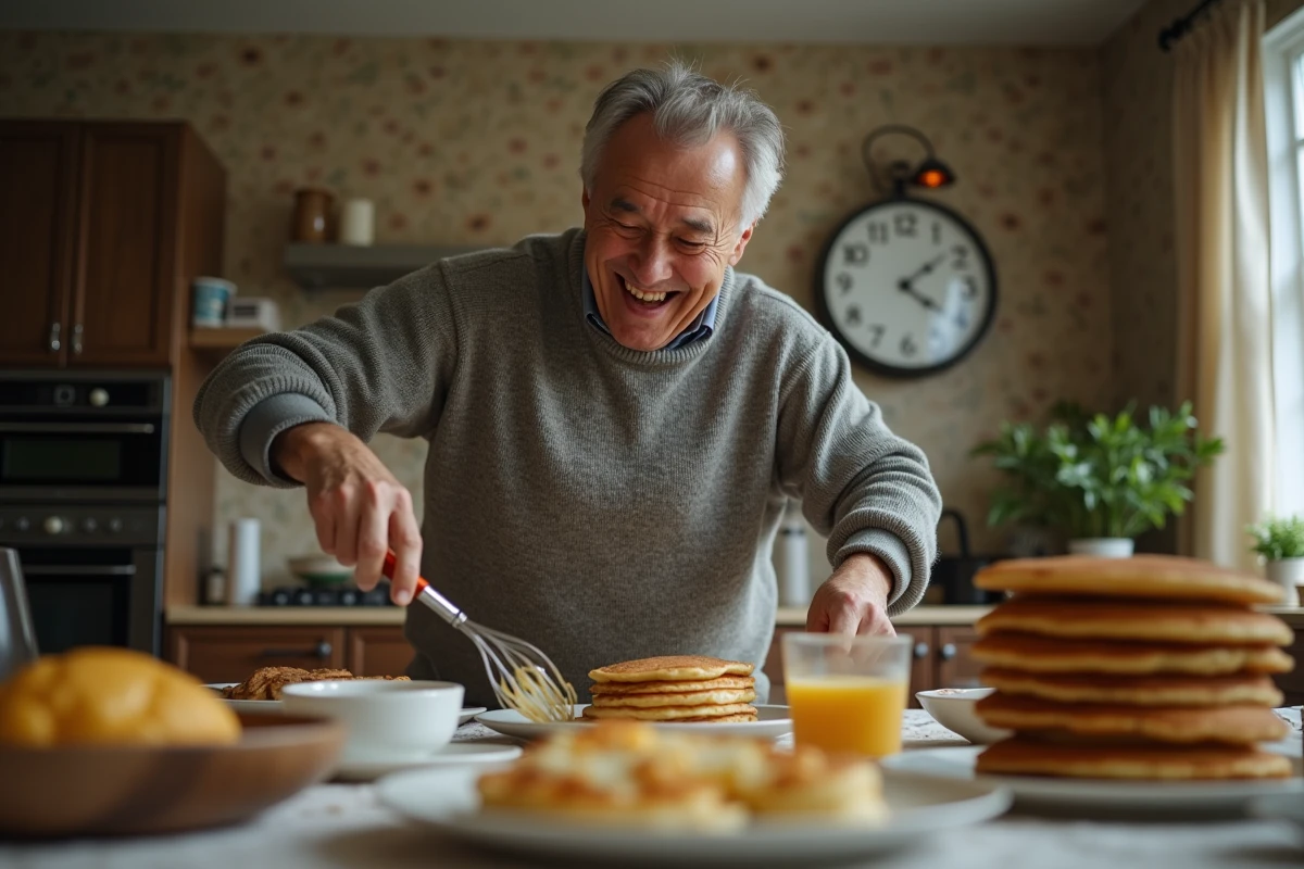Homme rassemblant des œufs pour le brunch à la table