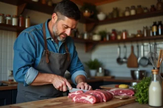 Homme en cuisine rustique coupe du boeuf à la main