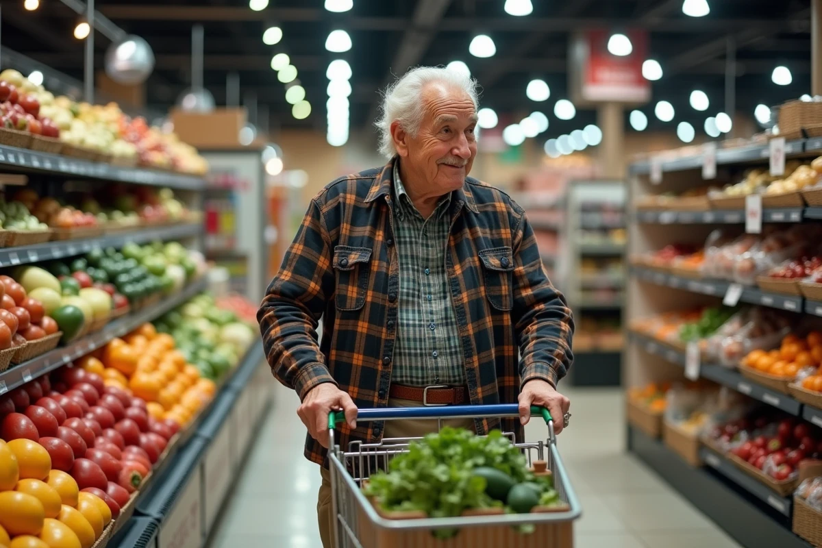 Homme age poussant un chariot avec produits eco-responsables