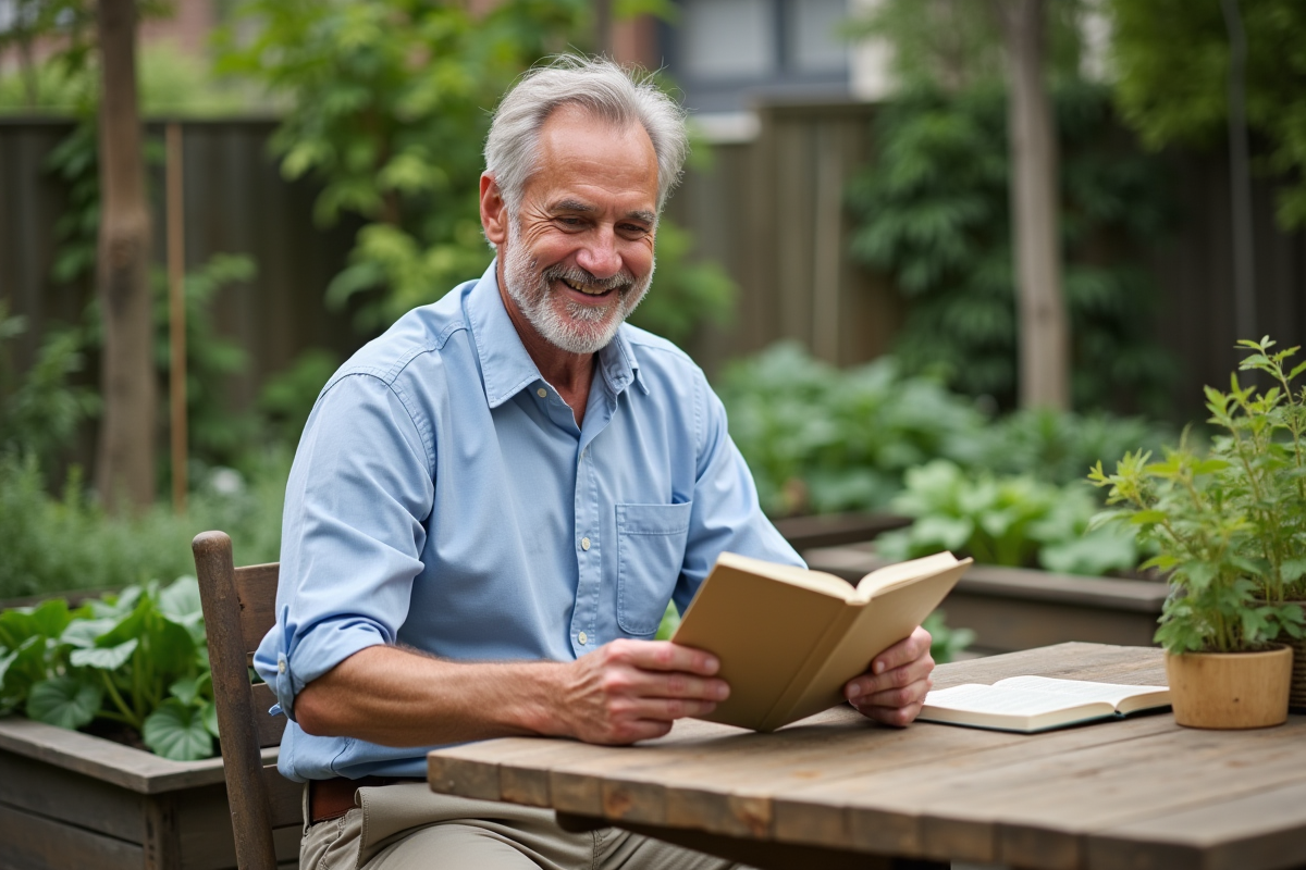 Homme lisant un livret sur la nutrition dans un jardin urbain