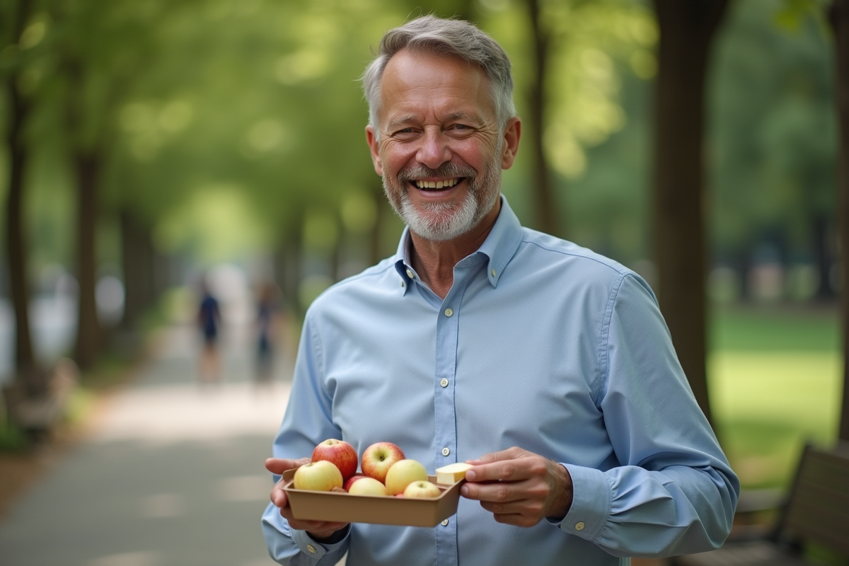 Homme en plein air coupant une pomme dans un parc urbain