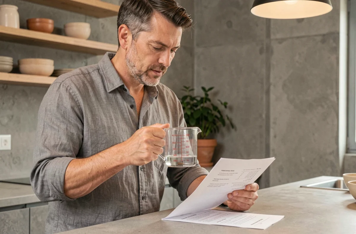 Homme tenant un verre doseur gradué à 25 cl en consultant une recette dans une cuisine moderne