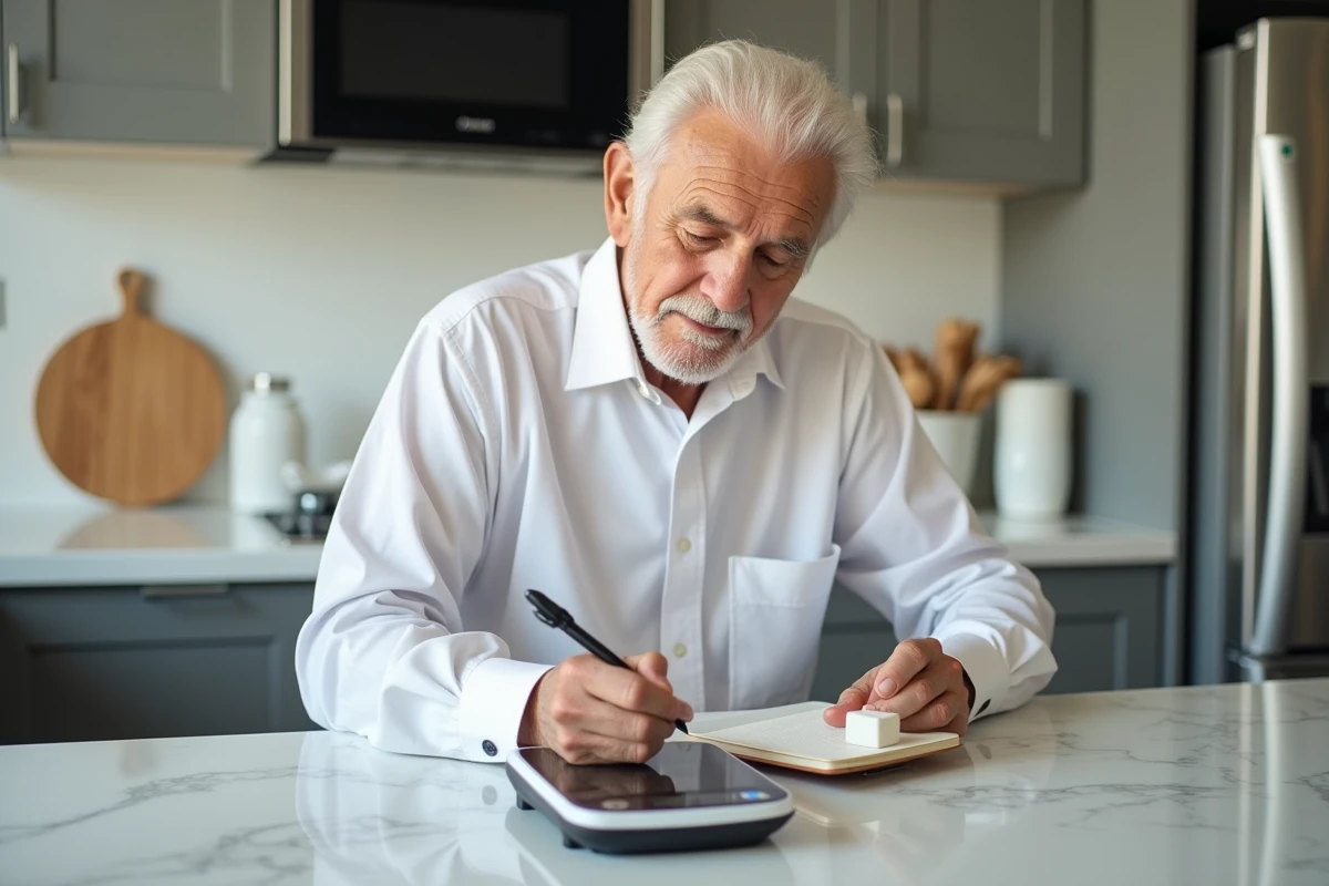 Homme âgé pèse un sucre sur une balance de cuisine moderne