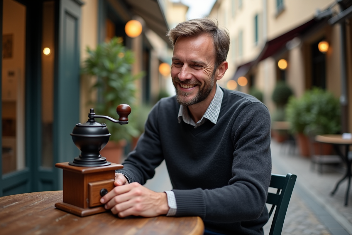 Homme ajustant un moulin à café en extérieur