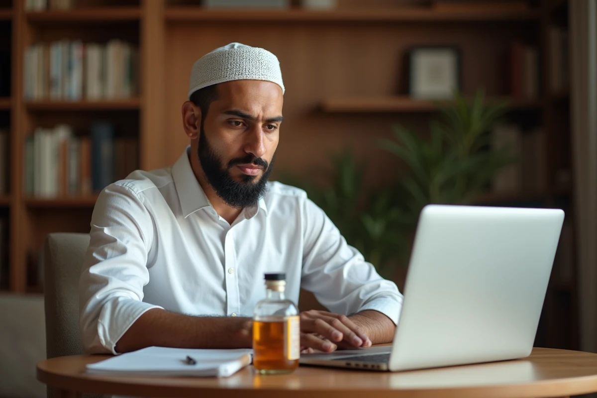 Jeune homme musulman consultant des sources en ligne sur le statut halal du vinaigre d'alcool, carnet de notes ouvert sur la table
