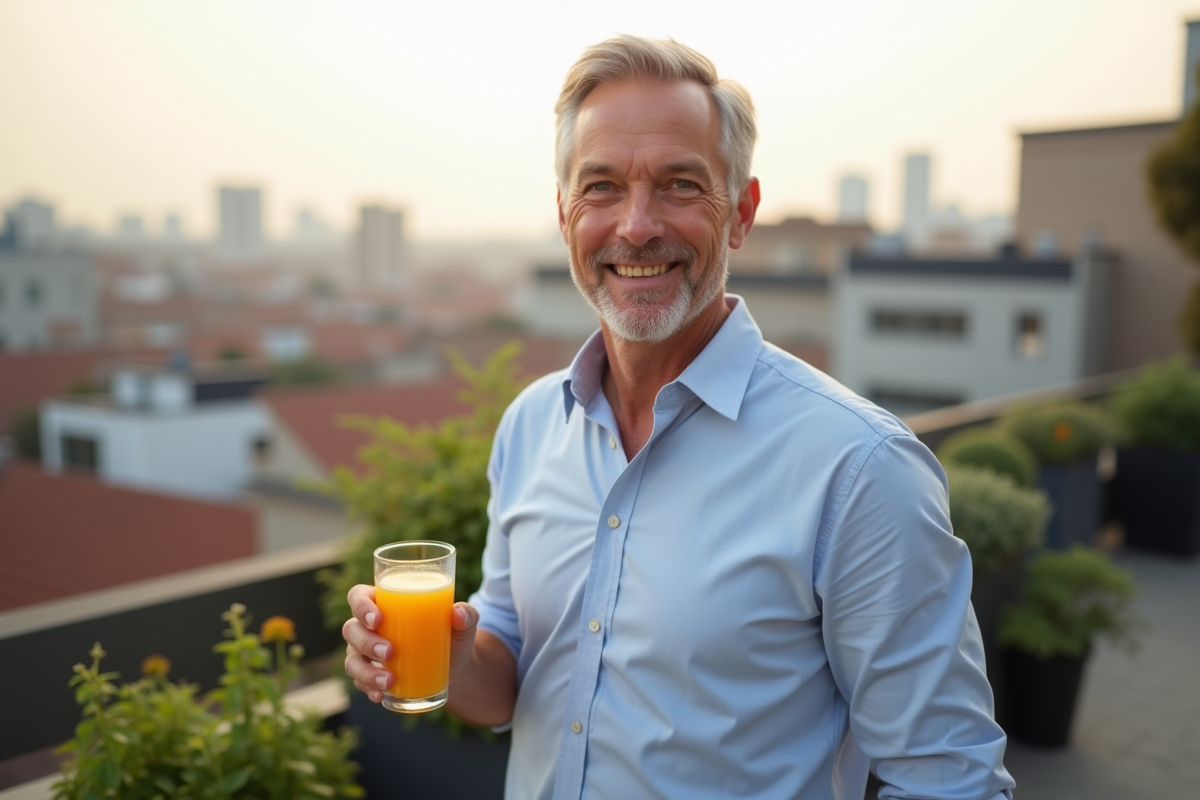 Homme dans la quarantaine avec jus d