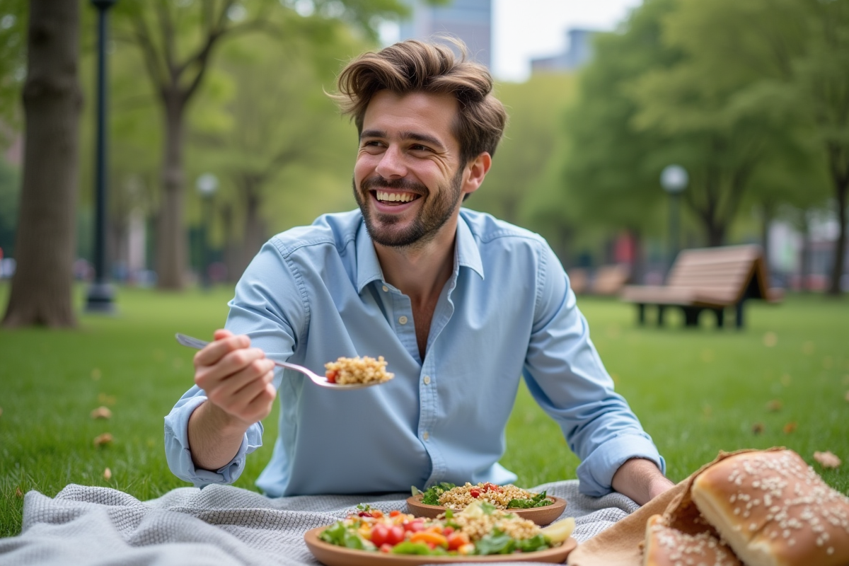 Homme dégustant une salade lors d