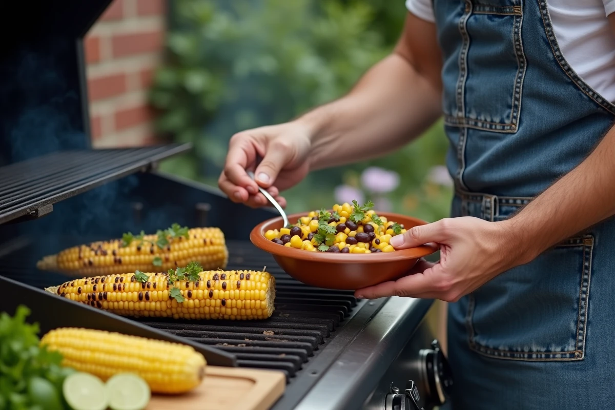 Homme préparant une salsa de maïs et haricots noirs comme accompagnement de barbecue sur une terrasse en pierre avec grill au charbon