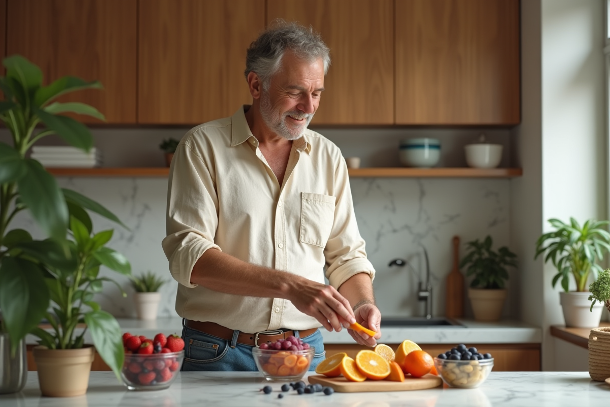 Homme préparant des fruits dans une cuisine moderne
