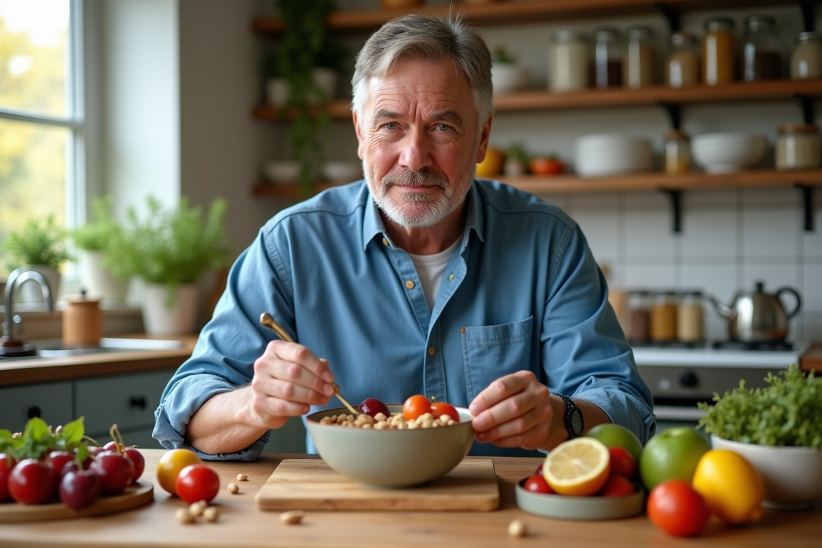 Homme préparant un bol de fruits et noix dans la cuisine