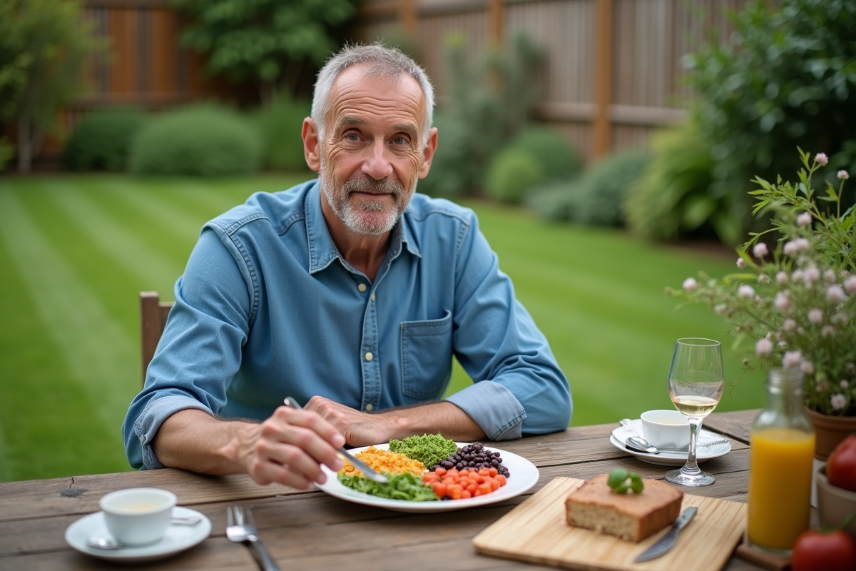 Homme en plein air dégustant un repas sain à la campagne