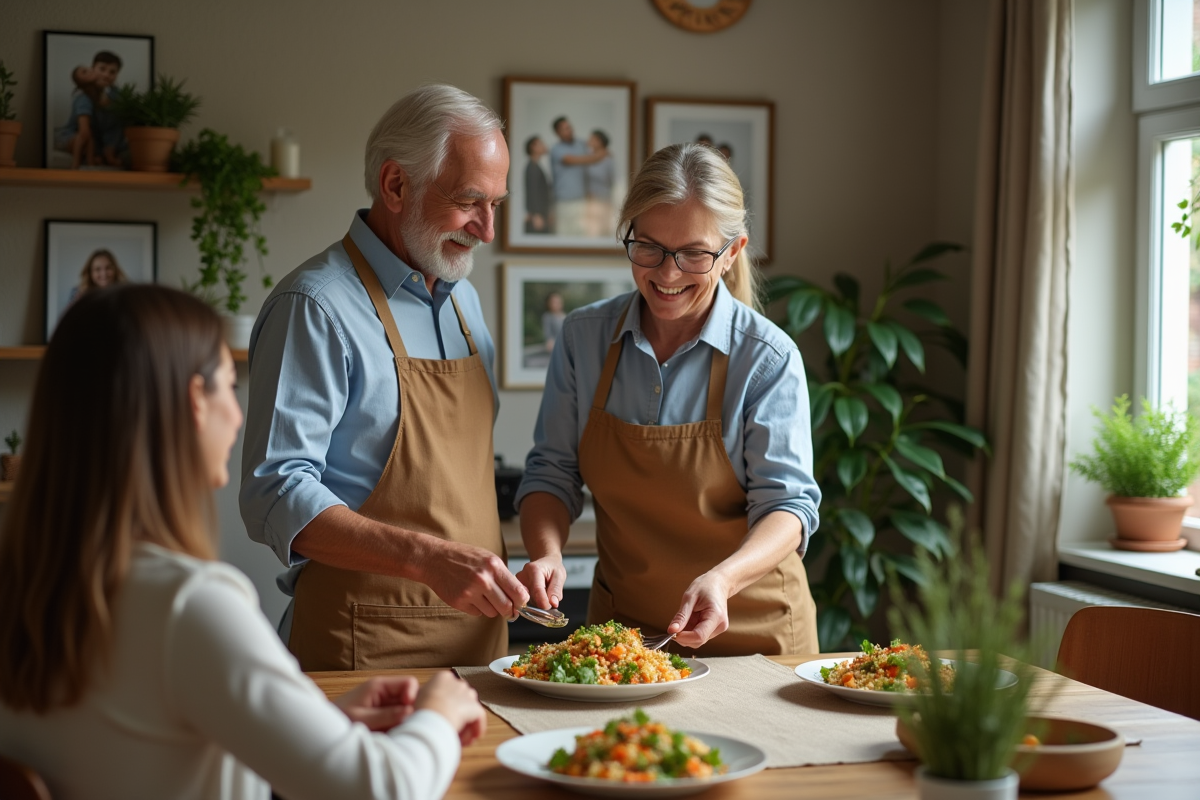 Homme servant une salade colorée lors d’un repas convivial
