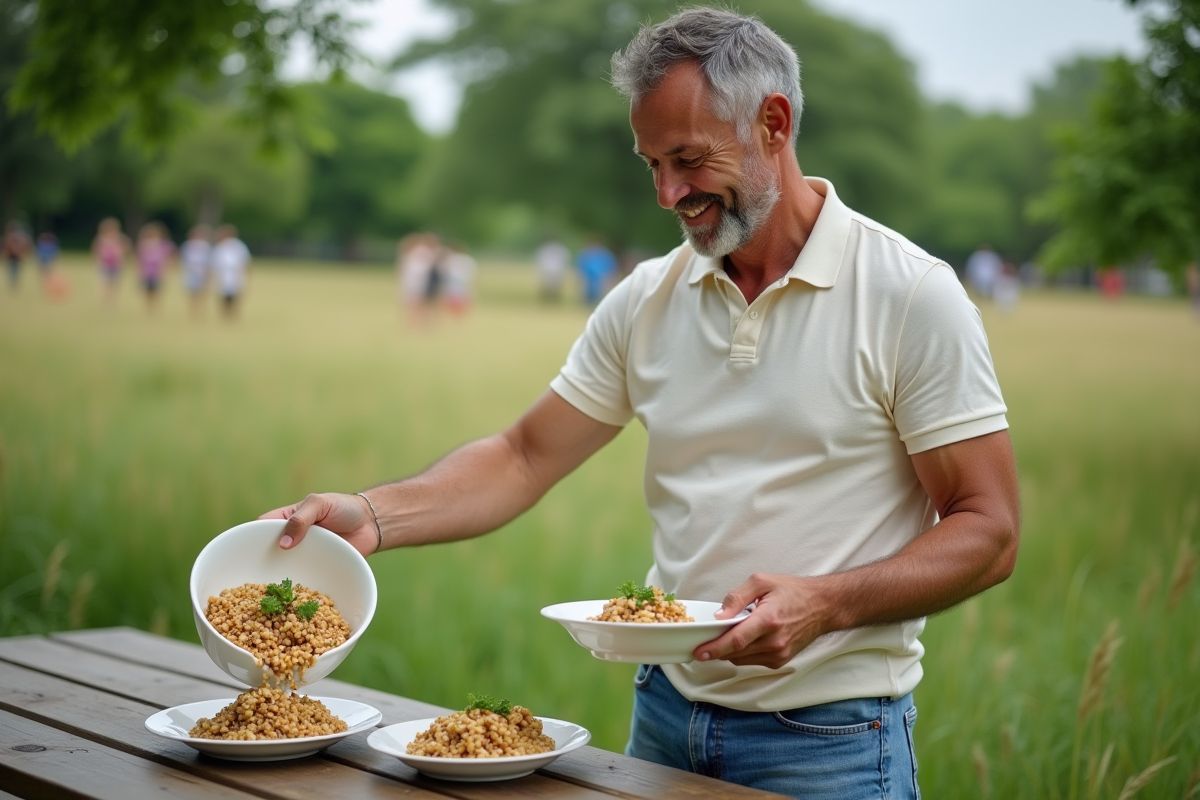 Homme servant une salade dans un parc en plein air