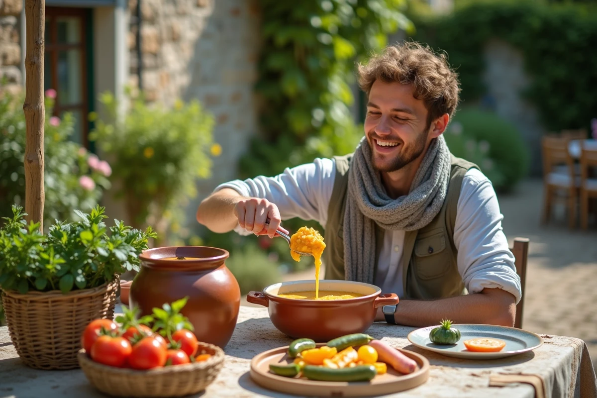 Jeune homme dégustant une soupe pistou dans un jardin provençal en été