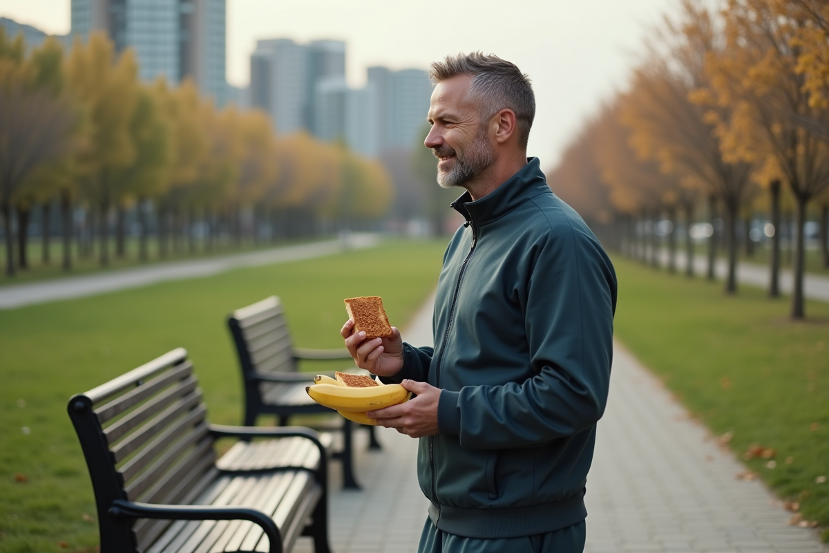 Homme d age moyen avec banane et toast dans un parc urbain