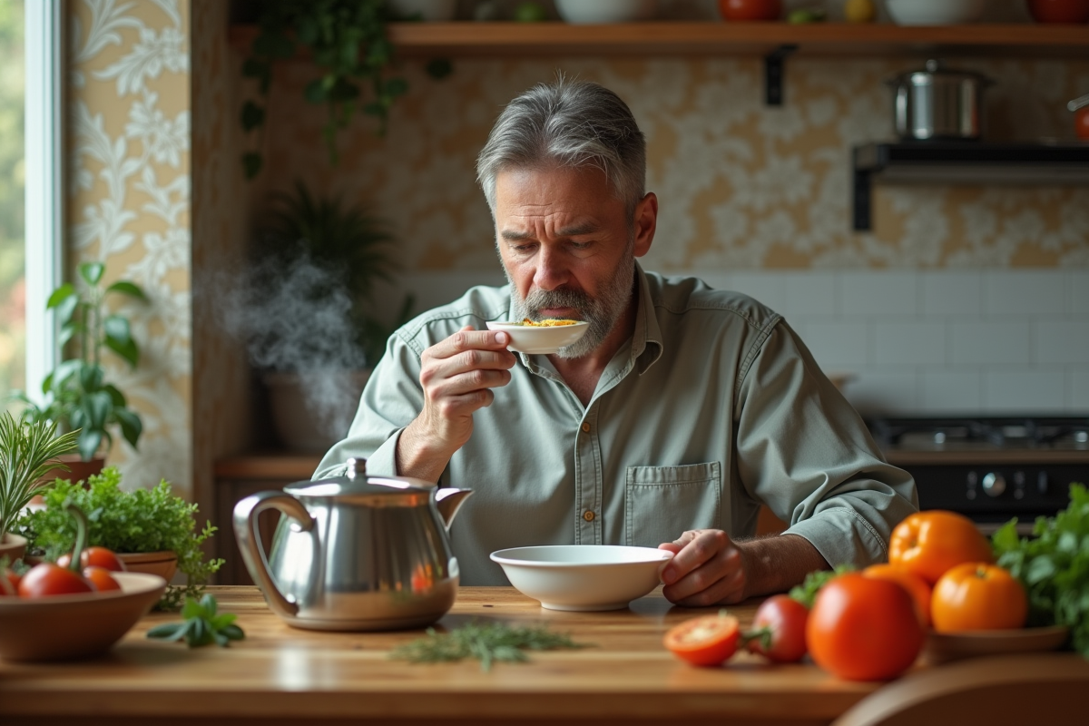 Homme dégustant soupe maison à la table avec légumes frais