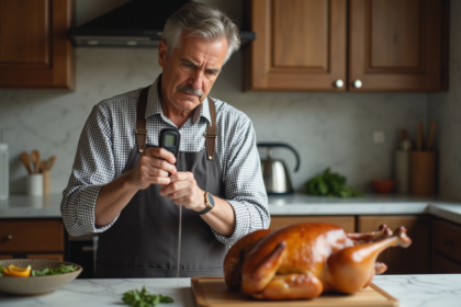 Homme moyenâgeux vérifiant un thermomètre de cuisson dans la cuisine