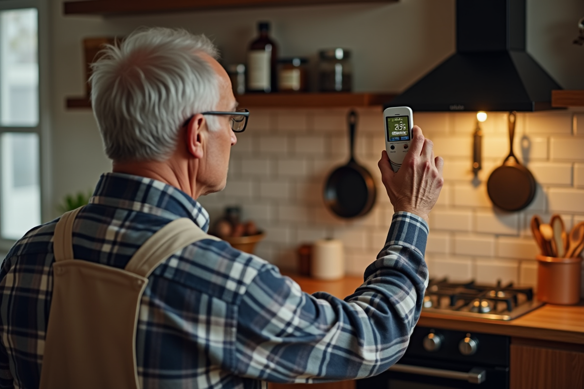 Homme âgé vérifiant la température du four avec un thermomètre numérique
